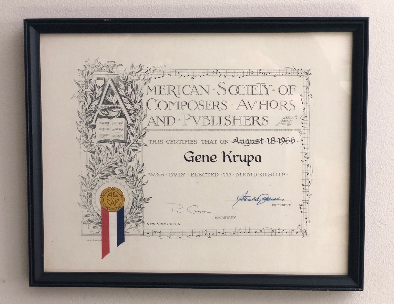 Gene Krupa's 1966 ASCAP Membership